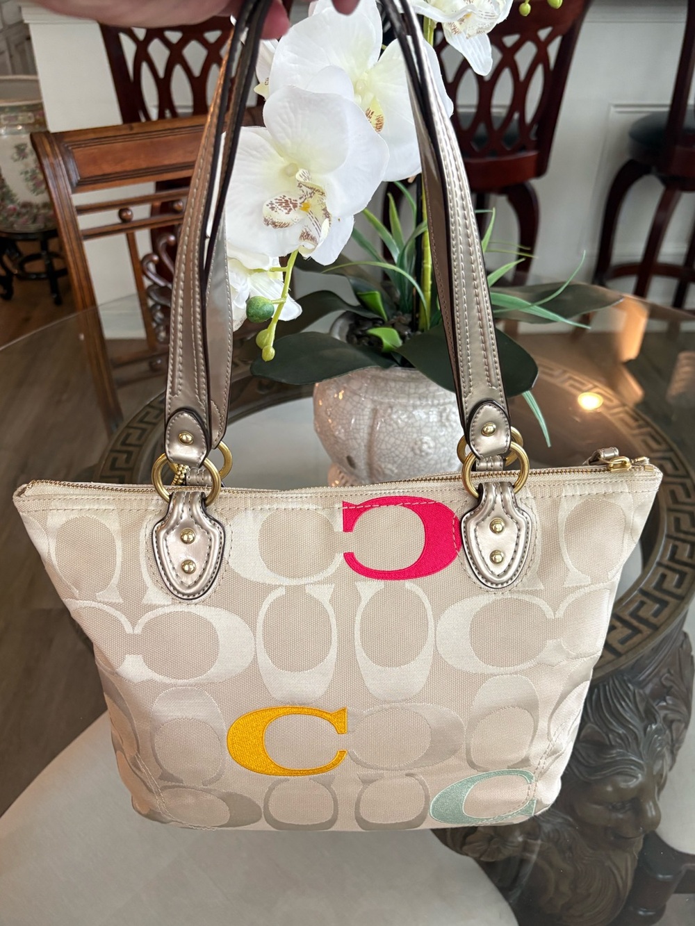 πππ©·COACH POPPY SIGNATURE βCβ KHAKI/JACQUARD & LEATHER TOTE BAG!πππ©· - Picture 2 of 10
